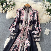Elegant Lace Spliced Long Printed Dr Women's High Waist Lantern Sleeve Ball Gown Korean Sle Commute Fashion Spring Autumn Ladies