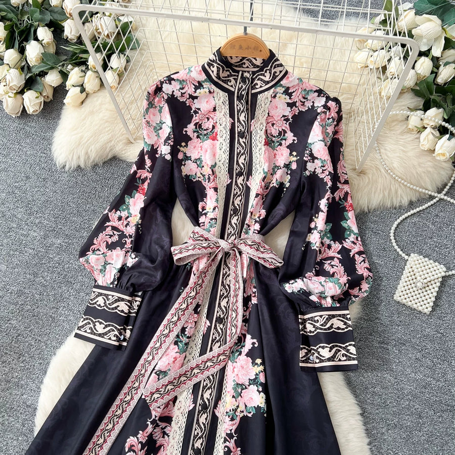 Elegant Lace Spliced Long Printed Dr Women's High Waist Lantern Sleeve Ball Gown Korean Sle Commute Fashion Spring Autumn Ladies