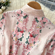 Elegant Lace Spliced Long Printed Dr Women's High Waist Lantern Sleeve Ball Gown Korean Sle Commute Fashion Spring Autumn Ladies