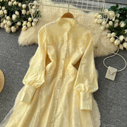 Fashion Women's Embroidery Dresses Stand Collar High Waist Lantern Sleeve Lace Spliced Long Sleeve Elegant Dress Female