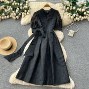 Summer Bohemian Jacquard Flower Long Dress Women V-Neck Short Puff Sleeve Vintage Print Bandage Lace Up Robe Vestidos Clothes