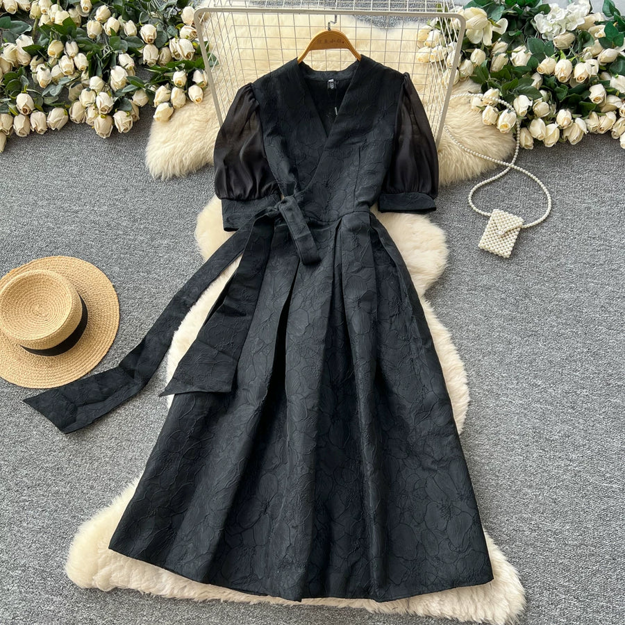 Summer Bohemian Jacquard Flower Long Dress Women V-Neck Short Puff Sleeve Vintage Print Bandage Lace Up Robe Vestidos Clothes