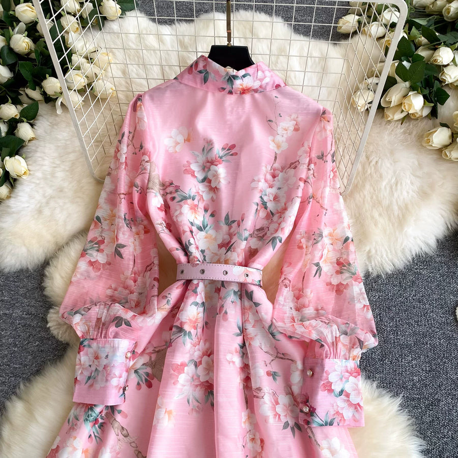 Spring Holiday Sweet Flower Beach Dress Women's Lapel Long Lantern Sleeve Pearl Button Up Floral Print Belt Dress Pockets
