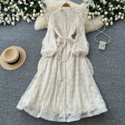 Spring Autumn French High-end Women's Dress New Lace Embroidery Glitter Lantern Sleeve Single Breasted Party Birthday Dress