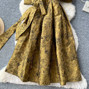 Summer Bohemian Jacquard Flower Long Dress Women V-Neck Short Puff Sleeve Vintage Print Bandage Lace Up Robe Vestidos Clothes