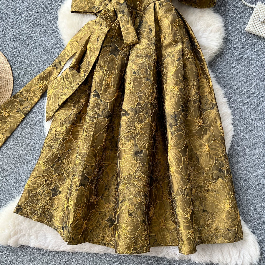 Summer Bohemian Jacquard Flower Long Dress Women V-Neck Short Puff Sleeve Vintage Print Bandage Lace Up Robe Vestidos Clothes