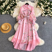 Spring Holiday Sweet Flower Beach Dress Women's Lapel Long Lantern Sleeve Pearl Button Up Floral Print Belt Dress Pockets