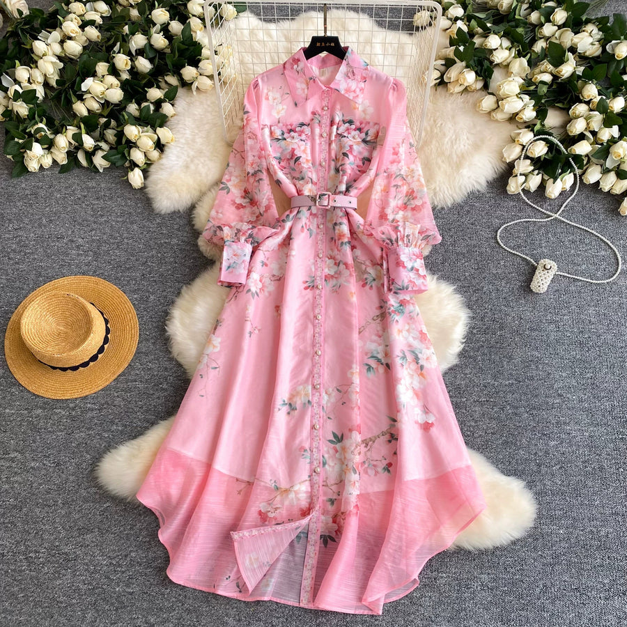Spring Holiday Sweet Flower Beach Dress Women's Lapel Long Lantern Sleeve Pearl Button Up Floral Print Belt Dress Pockets