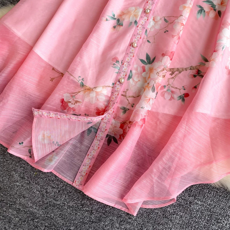 Spring Holiday Sweet Flower Beach Dress Women's Lapel Long Lantern Sleeve Pearl Button Up Floral Print Belt Dress Pockets
