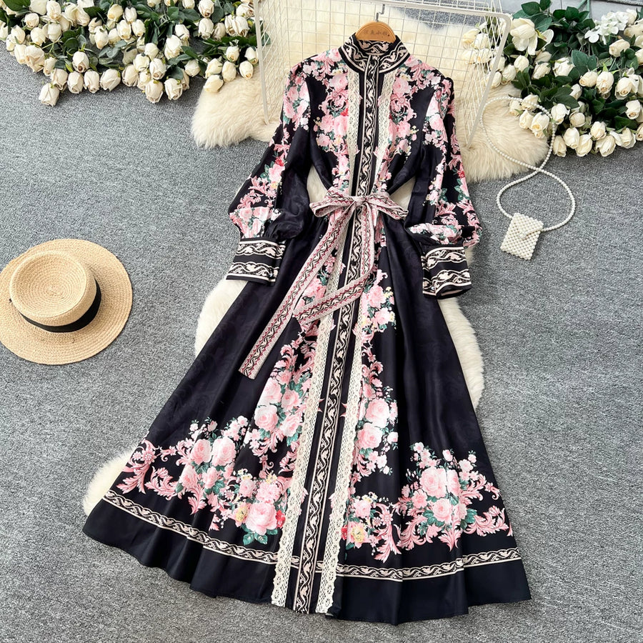 Elegant Lace Spliced Long Printed Dr Women's High Waist Lantern Sleeve Ball Gown Korean Sle Commute Fashion Spring Autumn Ladies