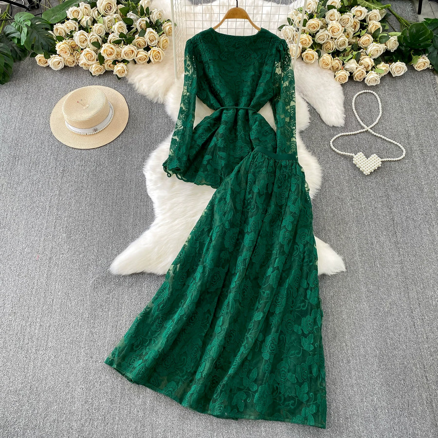 Embroidery Mesh 2 Pieces Set Women Hollow Out Sashes Shirt Tops + Elastic Waist A-Line Long Skirts Suit Autumn Ladies Outfit