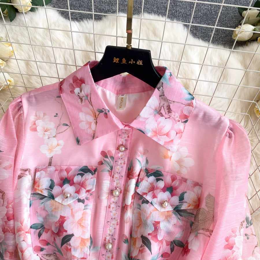 Spring Holiday Sweet Flower Beach Dress Women's Lapel Long Lantern Sleeve Pearl Button Up Floral Print Belt Dress Pockets