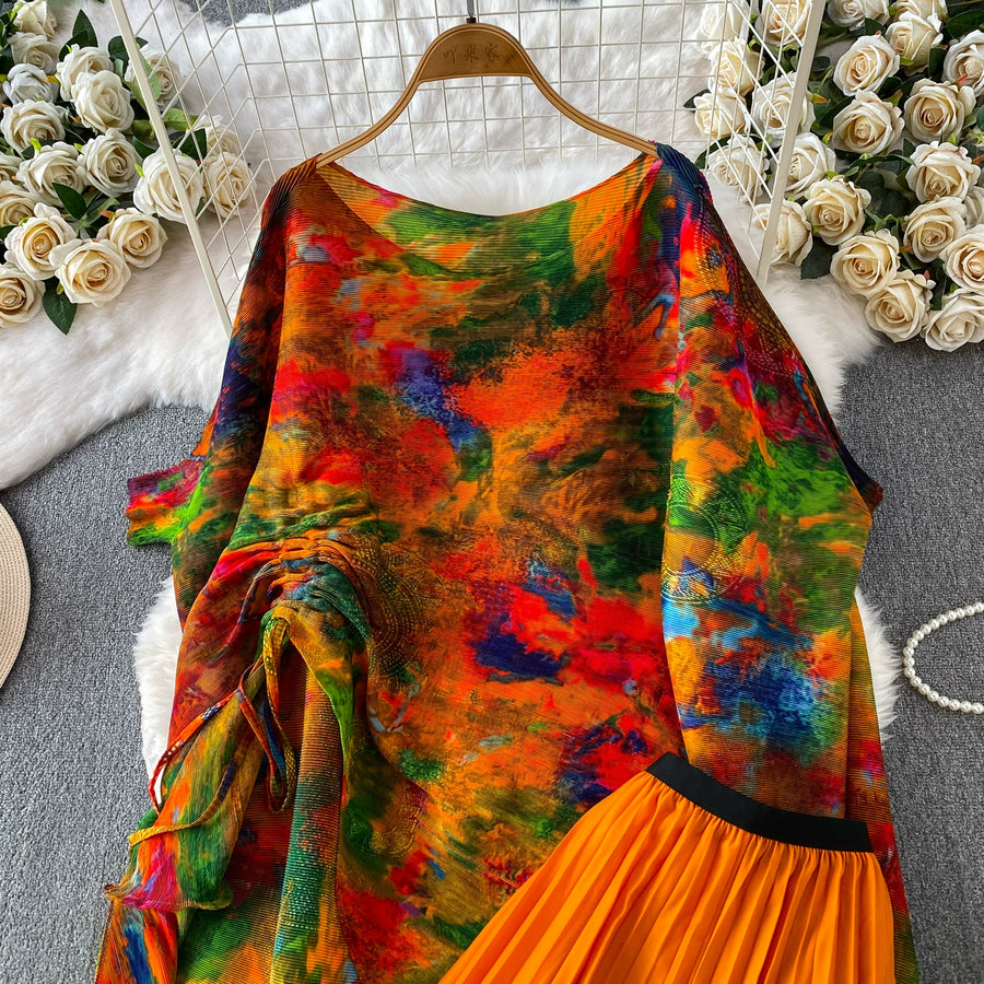 Loose Fit Miyake Style Pleated Matching Suit Women Oversized Bat Sleeve Drawstring Print Tunic + Pleated Wide Leg Pants Set
