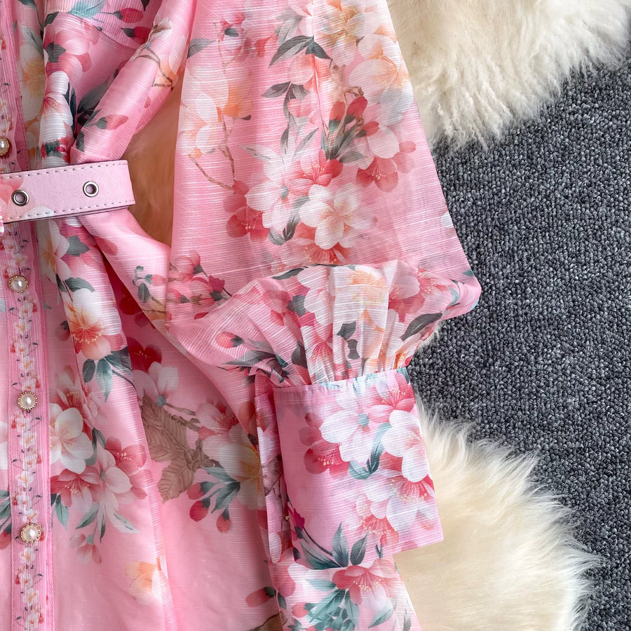 Spring Holiday Sweet Flower Beach Dress Women's Lapel Long Lantern Sleeve Pearl Button Up Floral Print Belt Dress Pockets