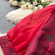 Summer Bohemian Jacquard Flower Long Dress Women V-Neck Short Puff Sleeve Vintage Print Bandage Lace Up Robe Vestidos Clothes