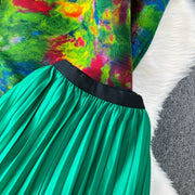 Loose Fit Miyake Style Pleated Matching Suit Women Oversized Bat Sleeve Drawstring Print Tunic + Pleated Wide Leg Pants Set