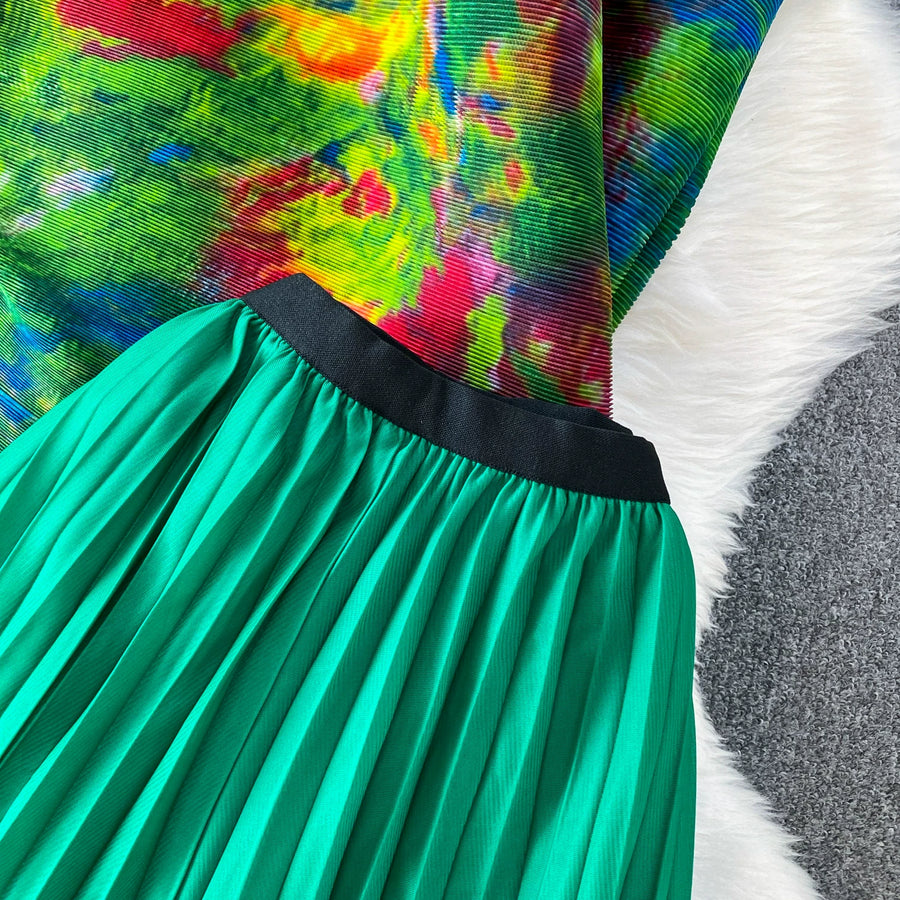 Loose Fit Miyake Style Pleated Matching Suit Women Oversized Bat Sleeve Drawstring Print Tunic + Pleated Wide Leg Pants Set