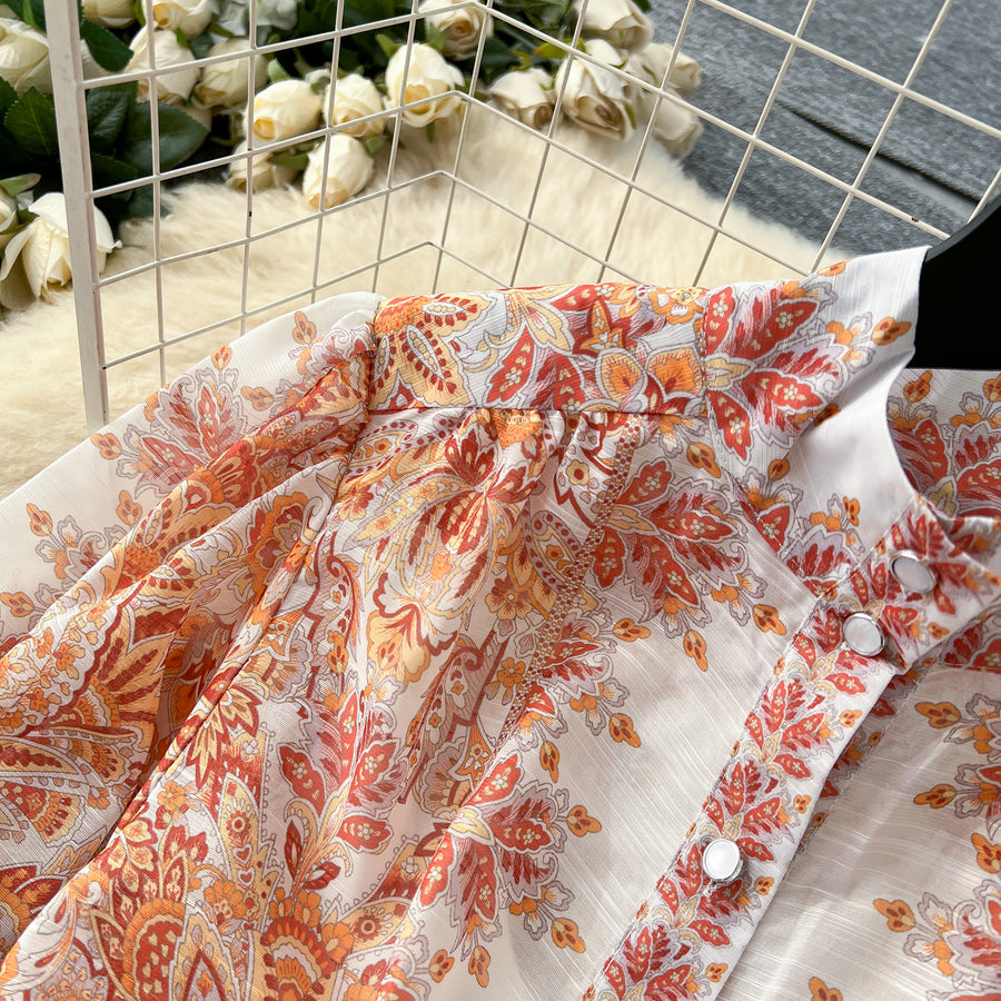 Retro bohemian paisley print dress with long lantern sleeves and high quality belt