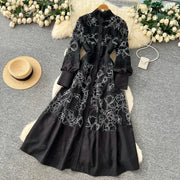 Fashion Women's Embroidery Dresses Stand Collar High Waist Lantern Sleeve Lace Spliced Long Sleeve Elegant Dress Female