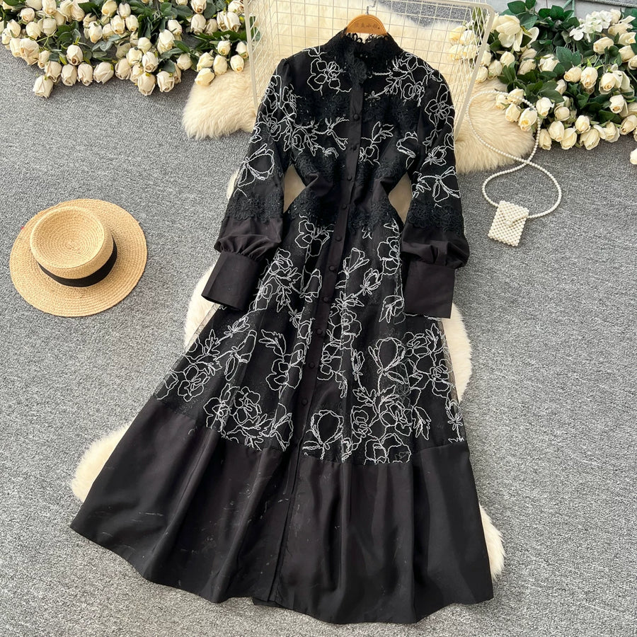 Fashion Women's Embroidery Dresses Stand Collar High Waist Lantern Sleeve Lace Spliced Long Sleeve Elegant Dress Female