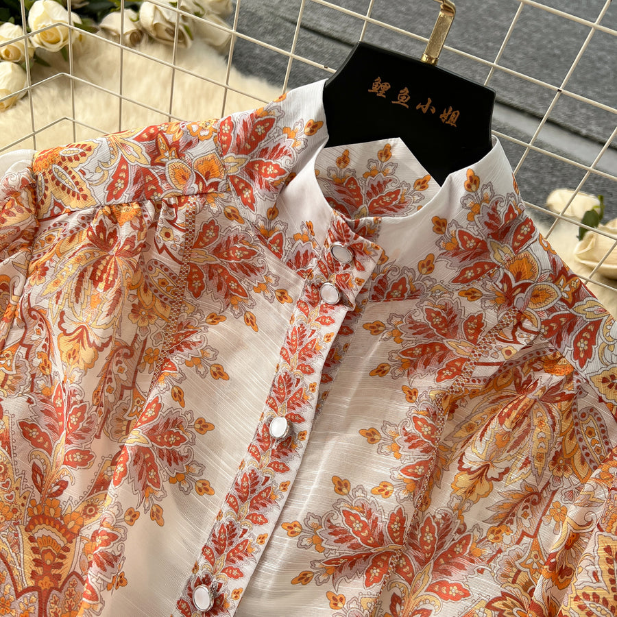 Retro bohemian paisley print dress with long lantern sleeves and high quality belt