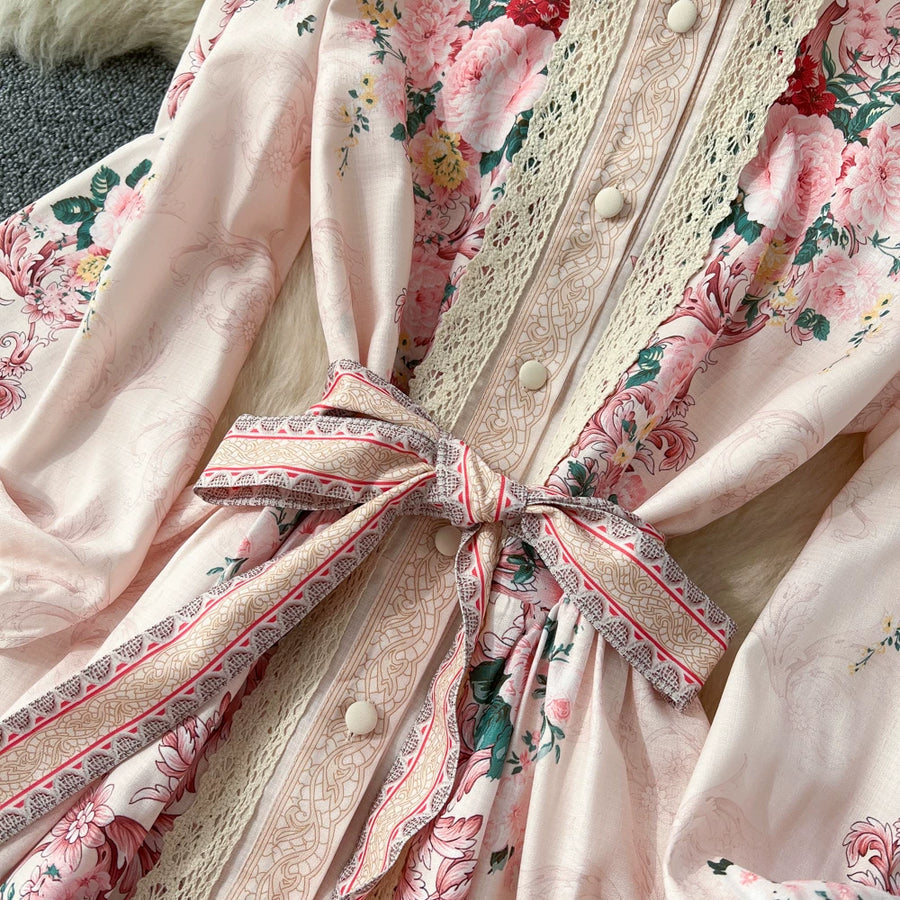 Elegant Lace Spliced Long Printed Dr Women's High Waist Lantern Sleeve Ball Gown Korean Sle Commute Fashion Spring Autumn Ladies