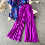 Loose Fit Miyake Style Pleated Matching Suit Women Oversized Bat Sleeve Drawstring Print Tunic + Pleated Wide Leg Pants Set