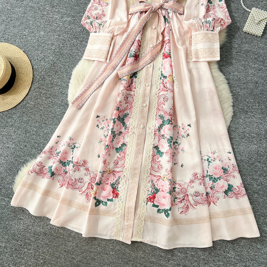 Elegant Lace Spliced Long Printed Dr Women's High Waist Lantern Sleeve Ball Gown Korean Sle Commute Fashion Spring Autumn Ladies