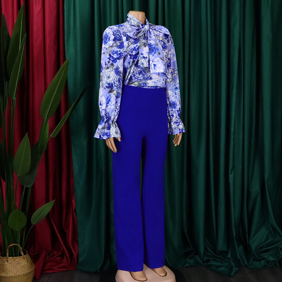Two Piece Set Printed Blouse, High Waist Pants High Quality