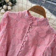 Spring Autumn French High-end Women's Dress New Lace Embroidery Glitter Lantern Sleeve Single Breasted Party Birthday Dress