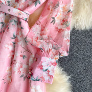 Spring Holiday Sweet Flower Beach Dress Women's Lapel Long Lantern Sleeve Pearl Button Up Floral Print Belt Dress Pockets