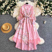 Spring Holiday Sweet Flower Beach Dress Women's Lapel Long Lantern Sleeve Pearl Button Up Floral Print Belt Dress Pockets