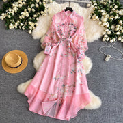 Spring Holiday Sweet Flower Beach Dress Women's Lapel Long Lantern Sleeve Pearl Button Up Floral Print Belt Dress Pockets