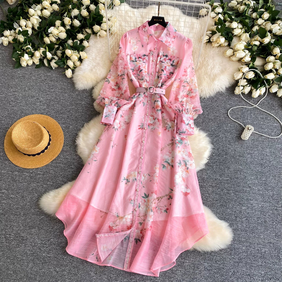 Spring Holiday Sweet Flower Beach Dress Women's Lapel Long Lantern Sleeve Pearl Button Up Floral Print Belt Dress Pockets