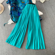 Loose Fit Miyake Style Pleated Matching Suit Women Oversized Bat Sleeve Drawstring Print Tunic + Pleated Wide Leg Pants Set