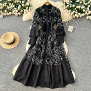 Fashion Women's Embroidery Dresses Stand Collar High Waist Lantern Sleeve Lace Spliced Long Sleeve Elegant Dress Female