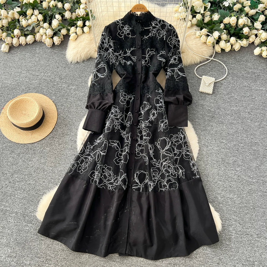 Fashion Women's Embroidery Dresses Stand Collar High Waist Lantern Sleeve Lace Spliced Long Sleeve Elegant Dress Female