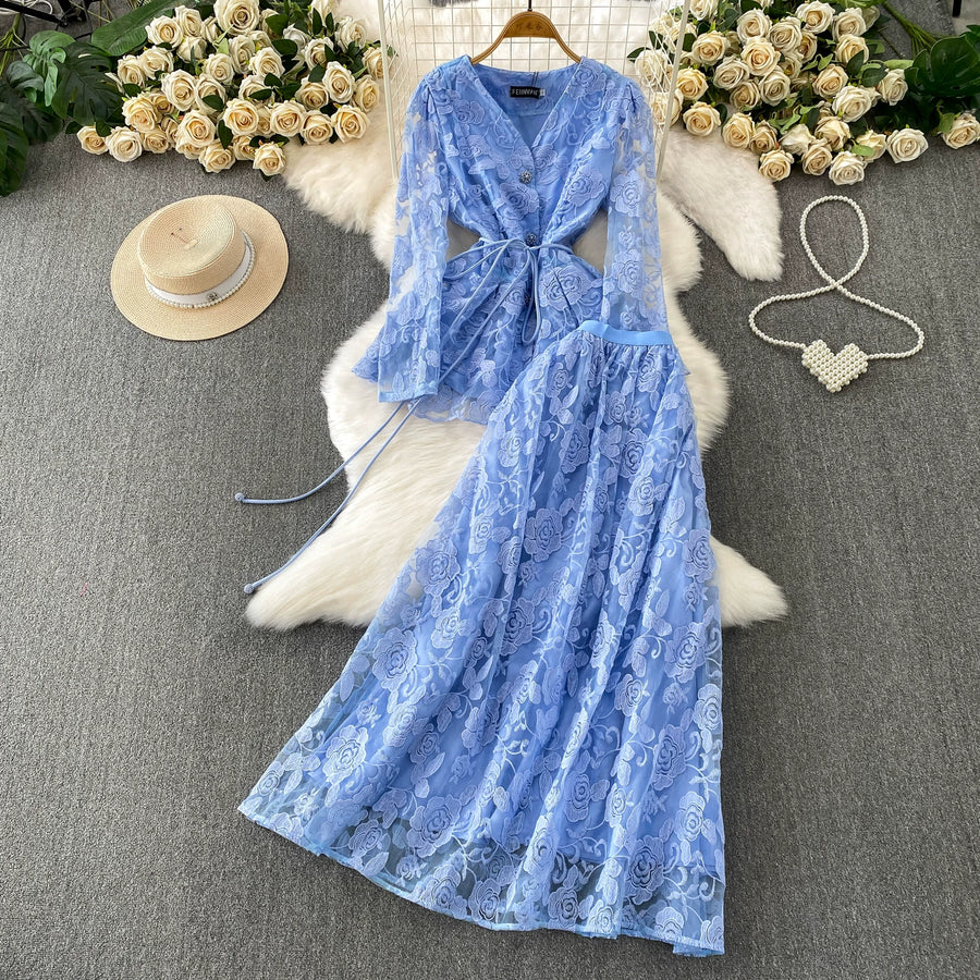 Embroidery Mesh 2 Pieces Set Women Hollow Out Sashes Shirt Tops + Elastic Waist A-Line Long Skirts Suit Autumn Ladies Outfit