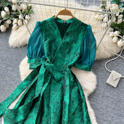 Summer Bohemian Jacquard Flower Long Dress Women V-Neck Short Puff Sleeve Vintage Print Bandage Lace Up Robe Vestidos Clothes