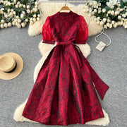 Summer Bohemian Jacquard Flower Long Dress Women V-Neck Short Puff Sleeve Vintage Print Bandage Lace Up Robe Vestidos Clothes