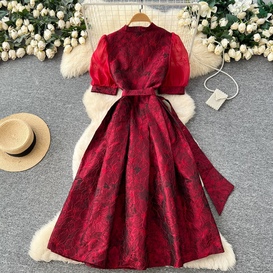 Summer Bohemian Jacquard Flower Long Dress Women V-Neck Short Puff Sleeve Vintage Print Bandage Lace Up Robe Vestidos Clothes