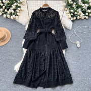 Elegant dress with lace and floral embroidery, high-quality high collar.