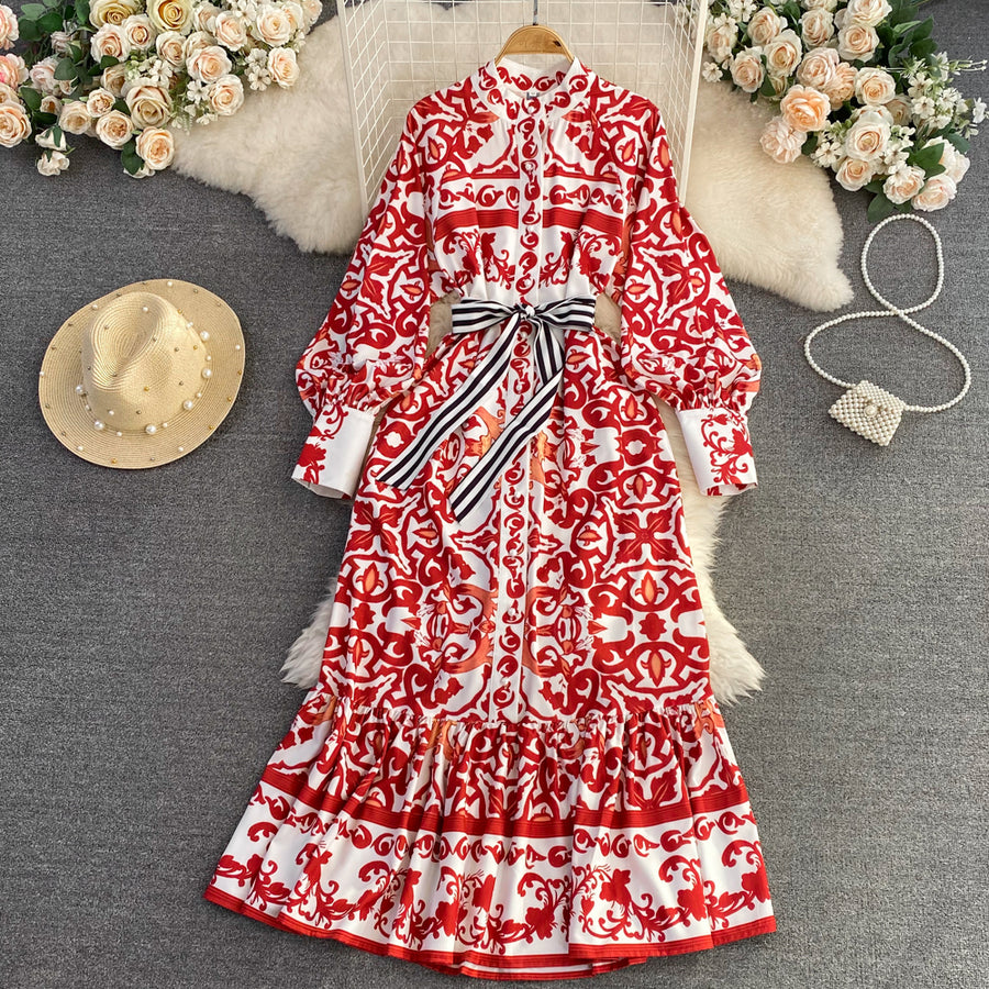 Bohemian Geometric Flower Print Stand Collar Lantern Sleeve Lace Up High Quality Maxi Dress