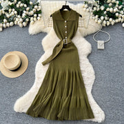 Ribbed Knit Dress Sleeveless Lapel Belt French Ins Chic Spring Summer Celebrity Style Feminine A-line Long Dress