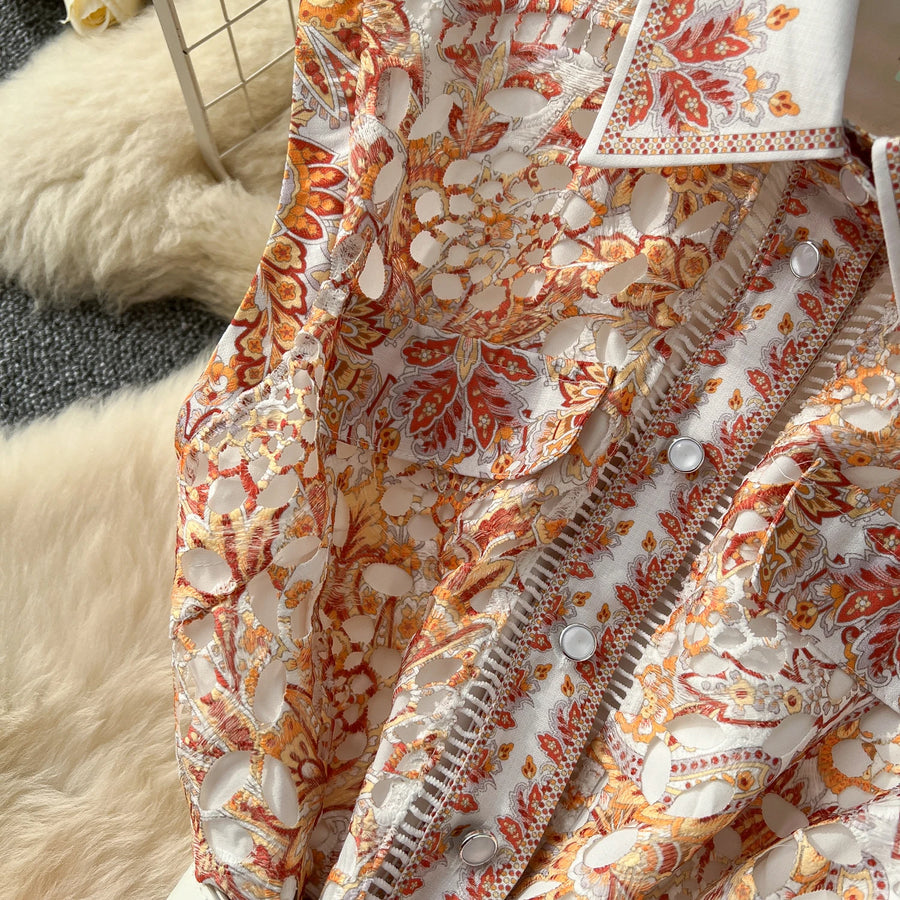 Elegant vintage button-down midi dress with high-quality print