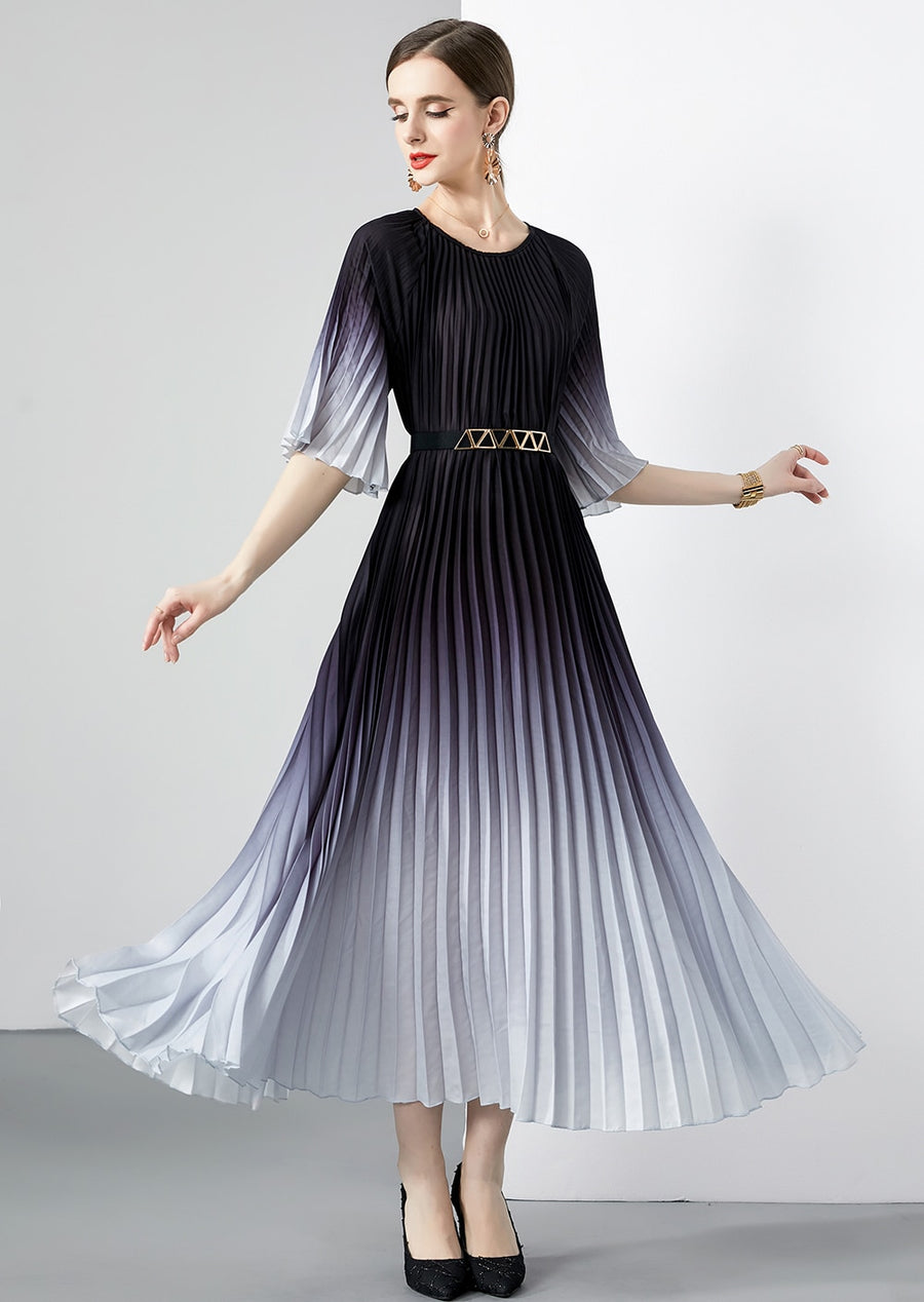 High Quality Vintage Oversized Loose Gradient Belt Lace Up O Neck Pleated Long Dress