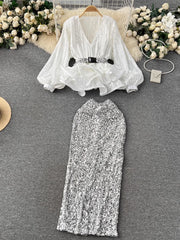 High Quality V-neck High Waist A-line Skirt Two Piece Set