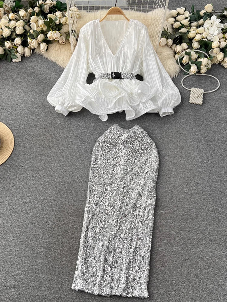 High Quality V-neck High Waist A-line Skirt Two Piece Set