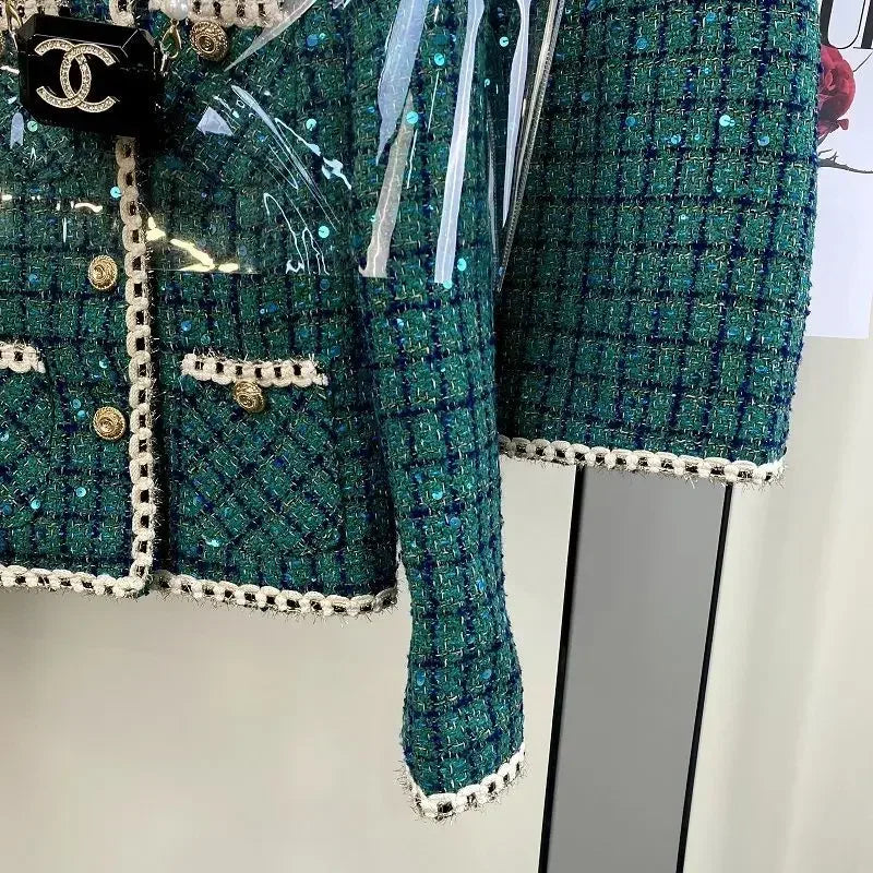 Women Elegant Vintage Tweed Fragrant Suit Jacke Coat Top And Skirt Two Piece Set Green Outfit Winter Jacquard Party Clothing