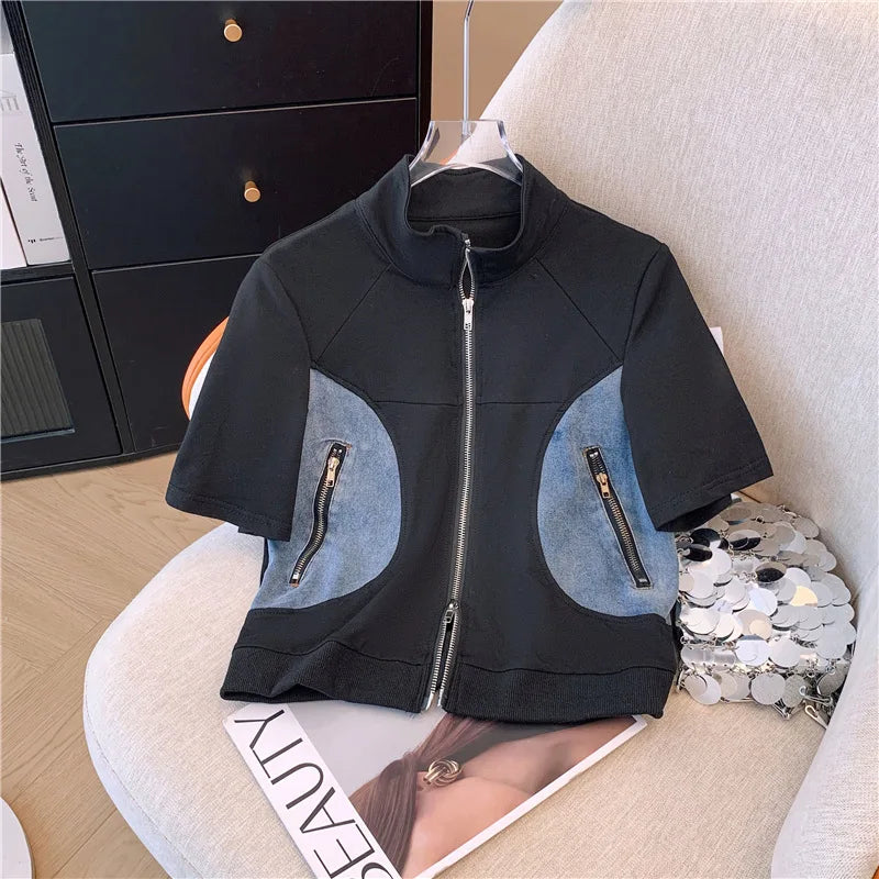 Summer New Stitched Zipper T-shirt top Female Set Elegant Women's Jeans Casual Blouse Two Piece Set Ladies Tracksuits big